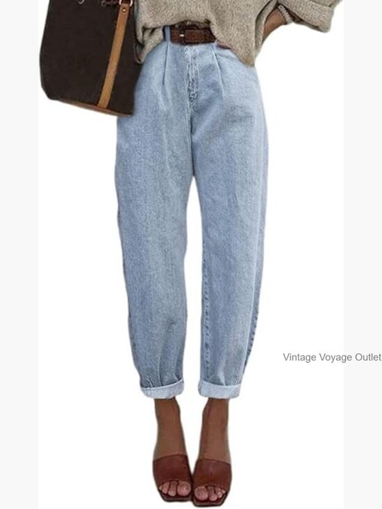 Denim - High Waisted Baggy Boyfriend Barrel Jeans with Tapered Leg